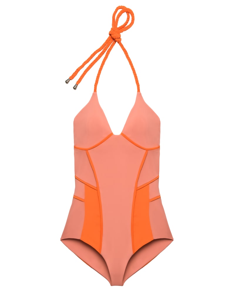 Front of a size 1X Colour Blocked Halter Swimsuit in Orange by Hilary MacMillan. | dia_product_style_image_id:296897